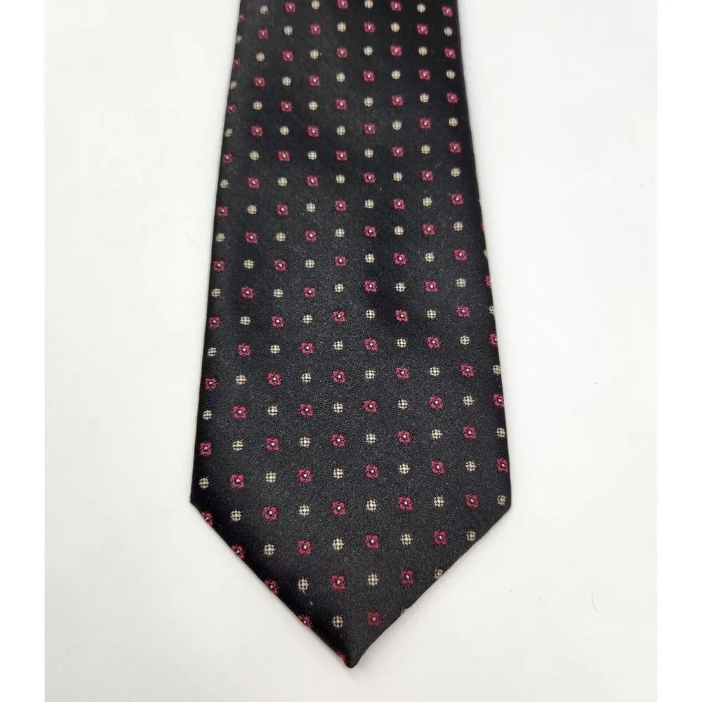 Vintage Men's Beekman Place Tie Necktie Black w/ Pink Yellow Polka Dot Polyester